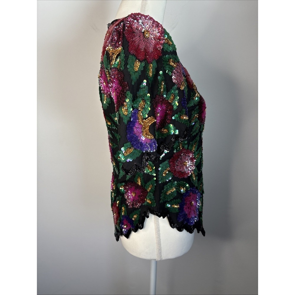 Vtg 90s Laurence Kazar Floral Sequin Blouse Size Medium Maximalist Cocktail - Picture 6 of 15